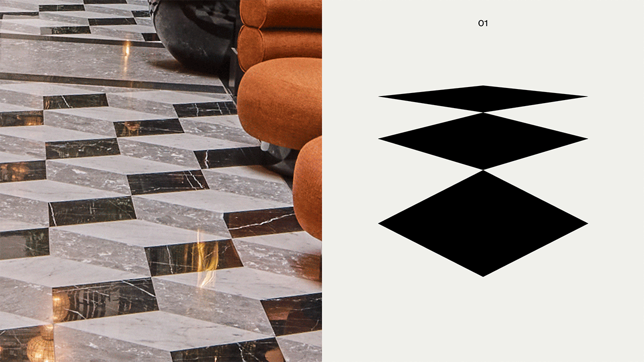The QT Hotels visual identity is a great example of a visual identity that goes hand in hand with the space.