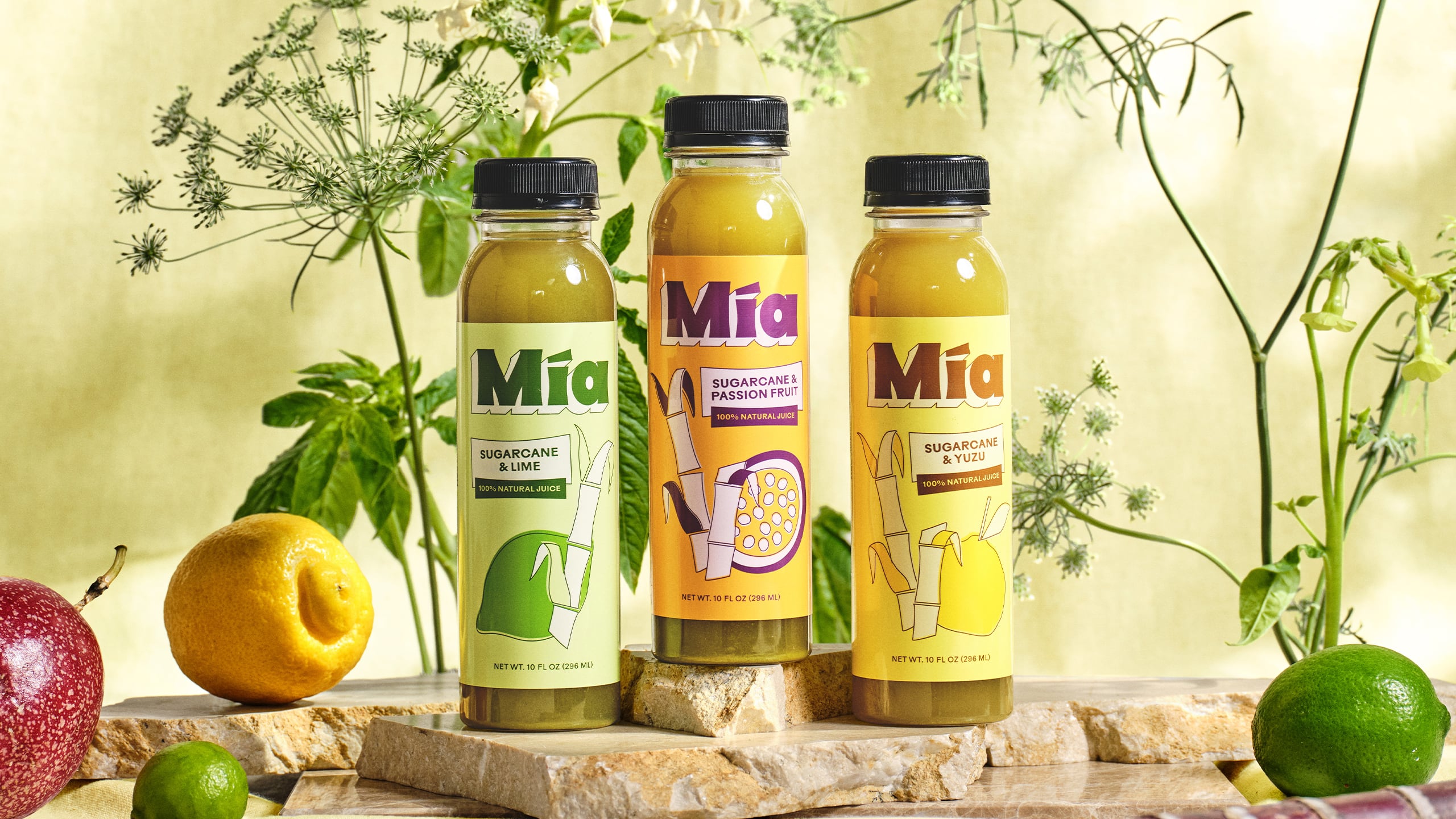 Mía sugarcane juice bottles, food and beverage packaging design for a New York brand