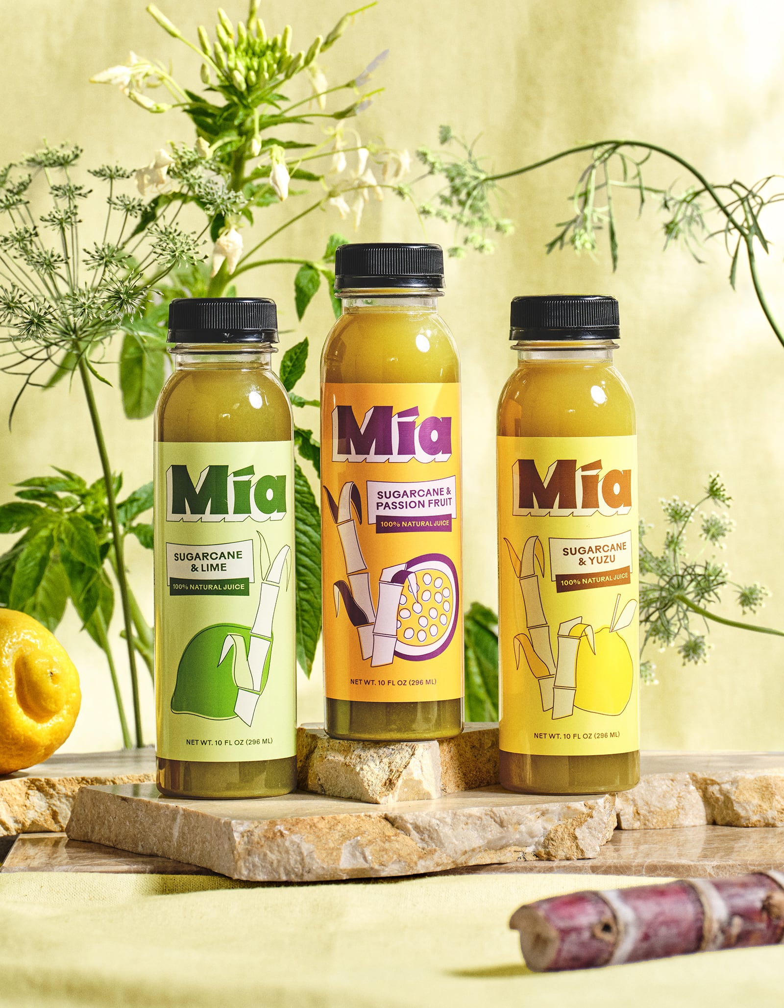Mía sugarcane juice bottles, food and beverage packaging design for a New York brand