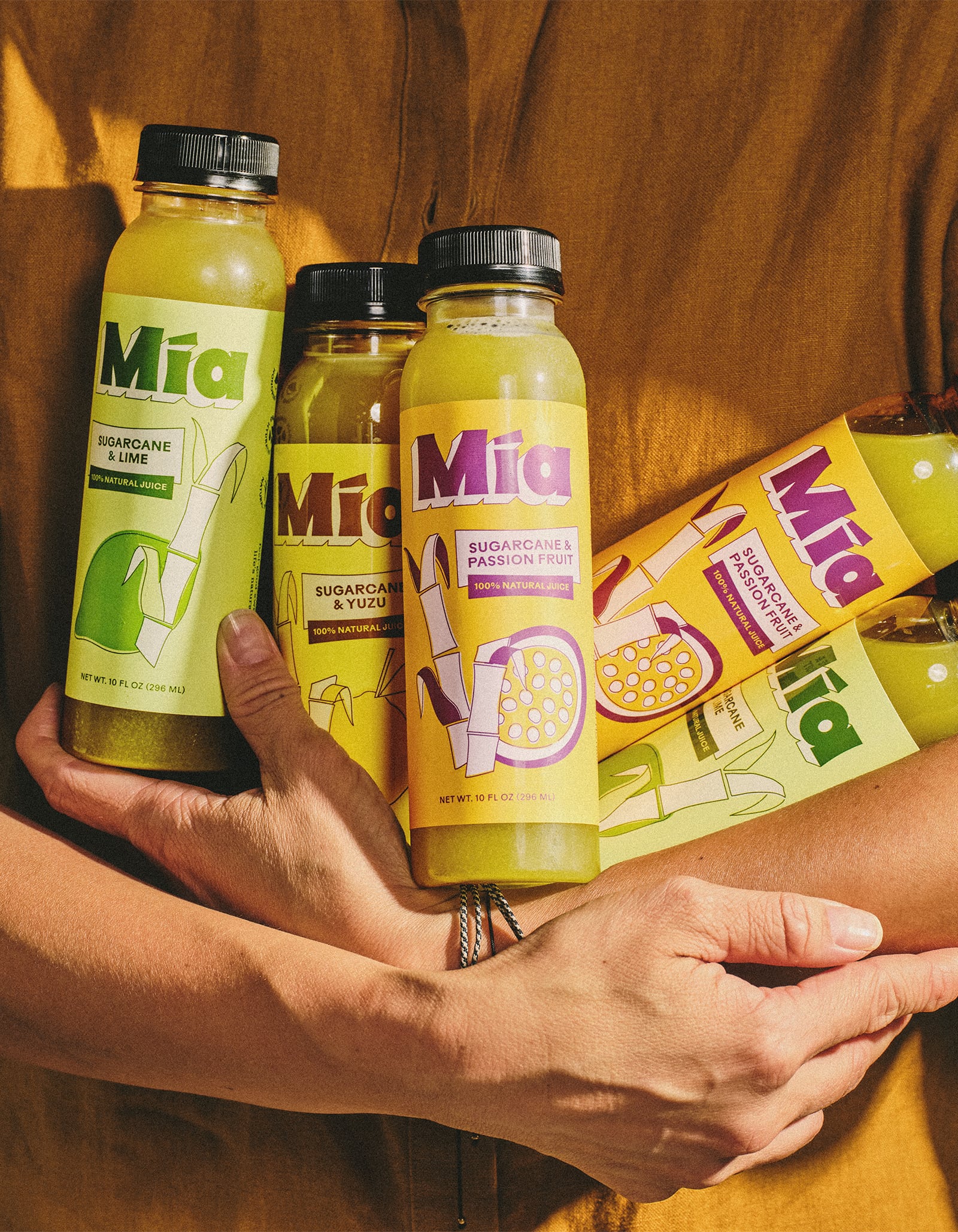 Mía sugarcane juice bottles, food and beverage packaging design for a New York brand
