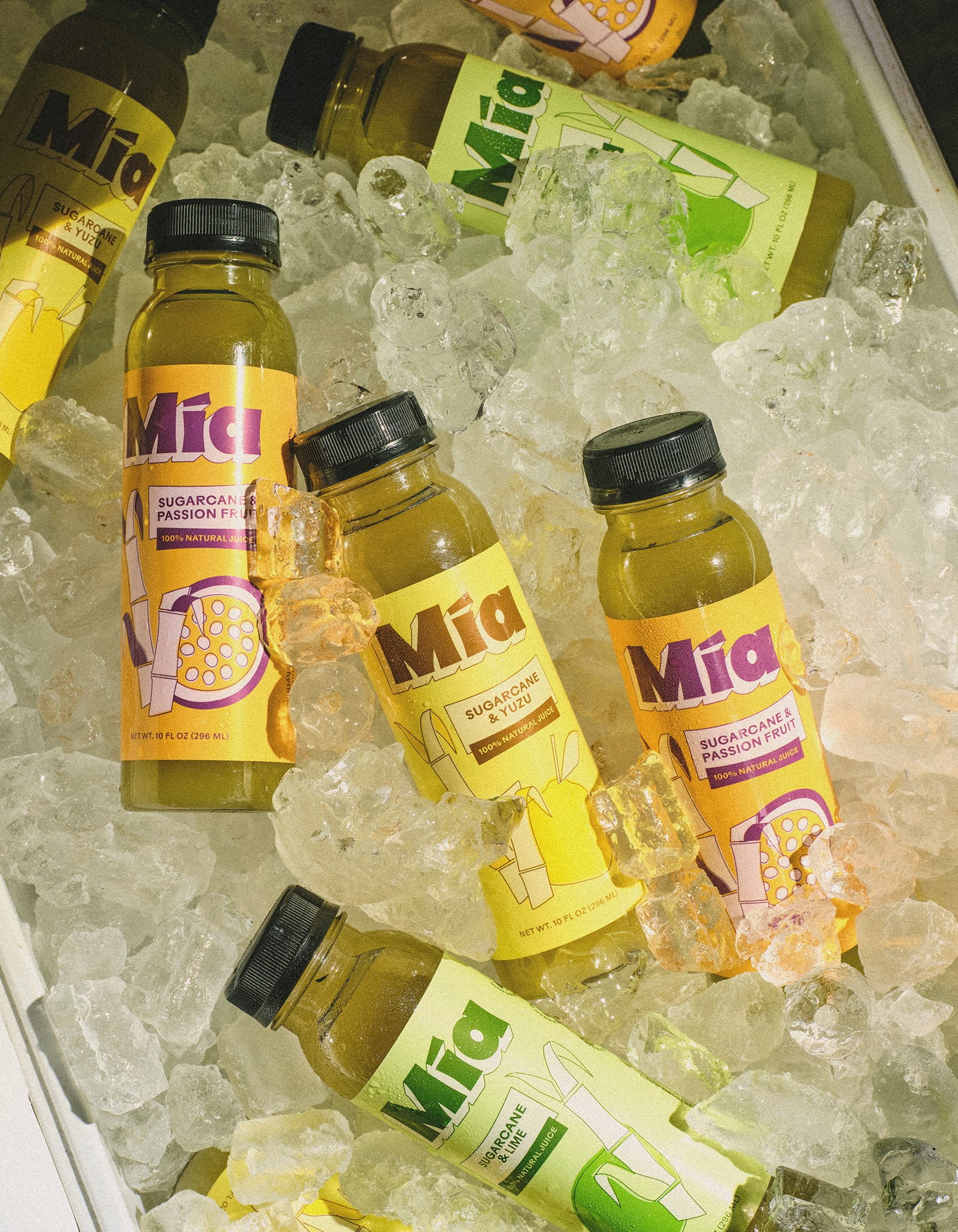 Mía sugarcane juice bottles, food and beverage packaging design for a New York brand